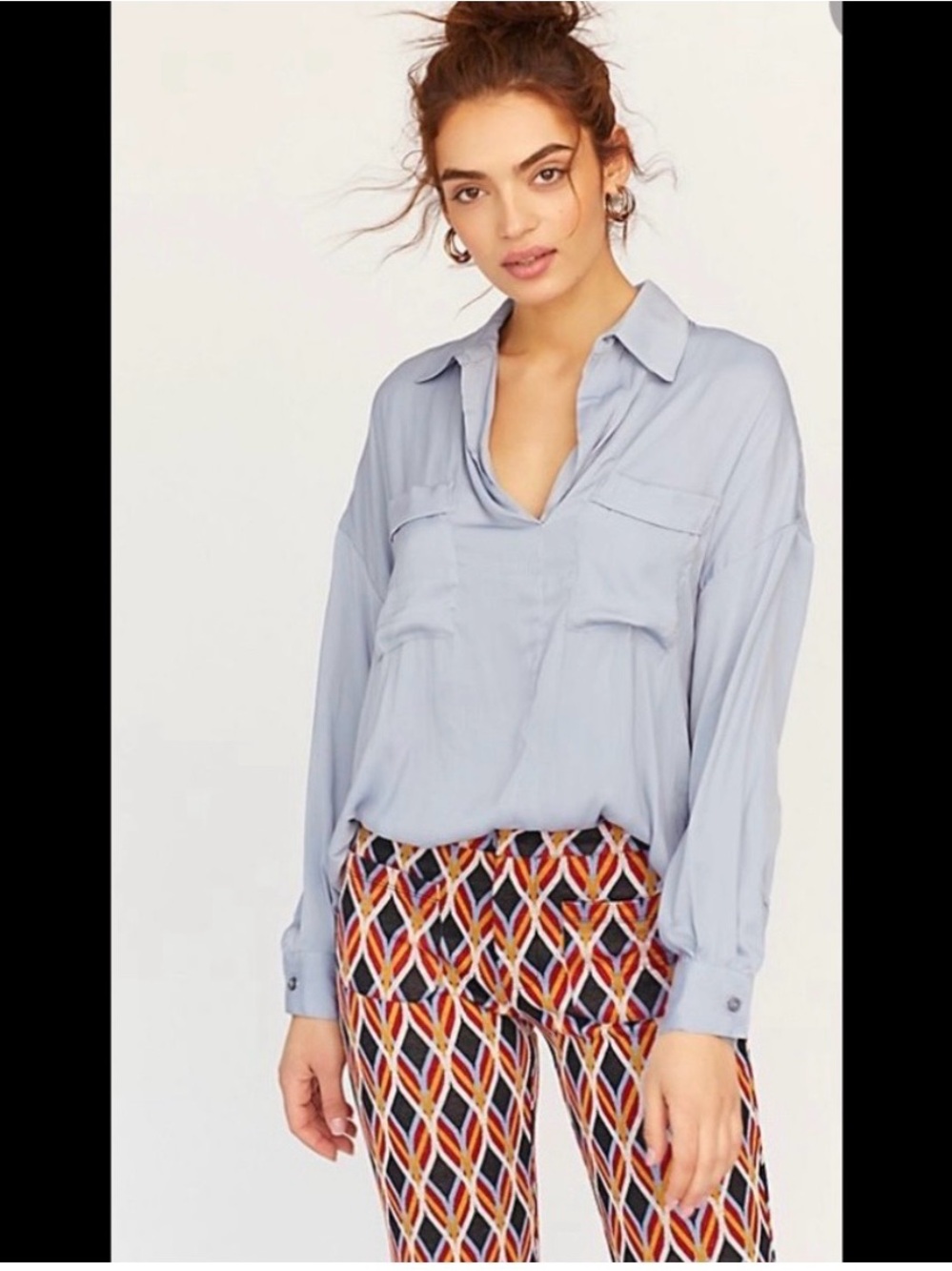 Free People Dusty Blue Long Sleeve Camp Blouse - Small